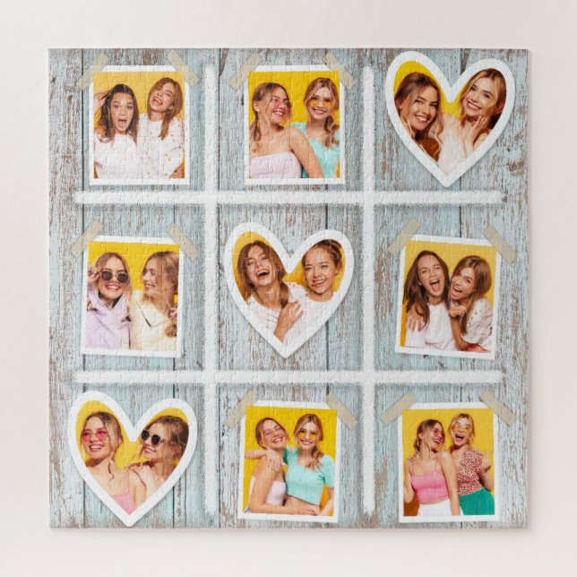 9 Photo Collage Rustic Wood Hearts Best Friends Jigsaw Puzzle (Vertical)