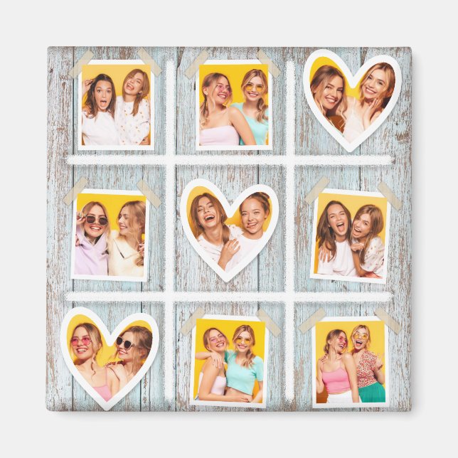 9 Photo Collage Rustic Wood Hearts Best Friends Magnet (Front)