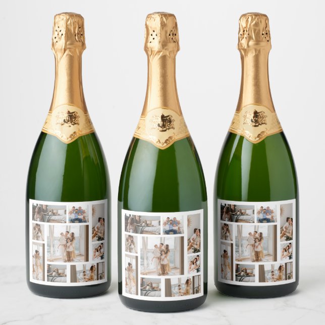 9 Photo Collage Template Personalize  Sparkling Wine Label (Bottles)
