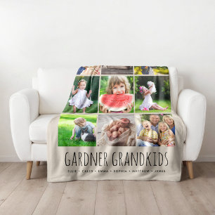 9 Photo Collage with Custom Grandkids Names   Gray Fleece Blanket