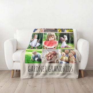 9 Photo Collage with Custom Grandkids Names | Grey Fleece Blanket
