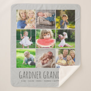 9 Photo Collage with Custom Grandkids Names   Grey Sherpa Blanket