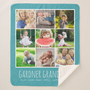 9 Photo Collage with Grandkids Names   Turquoise Sherpa Blanket