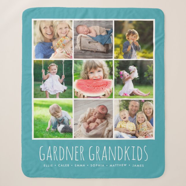 9 Photo Collage with Grandkids Names | Turquoise Sherpa Blanket (Front)
