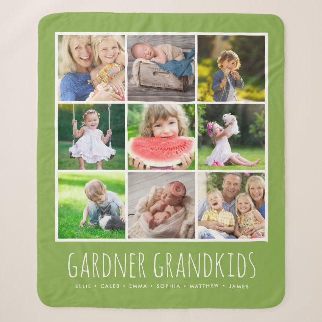 9 Photo Collage with Your Grandkids Names | Green Sherpa Blanket (Front)