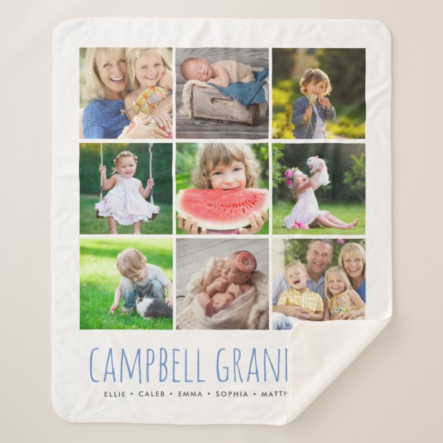 9 Photo Collage with Your Grandkids Names | White Sherpa Blanket (Front)