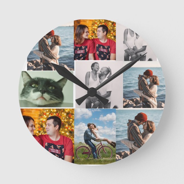 9 Photo Custom Personalized Collage Round Clock (Front)
