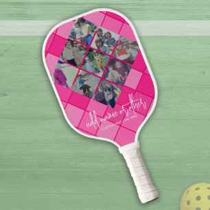 9 Photo Diamond Pattern Collage - Hot Pink Girly Pickleball Paddle