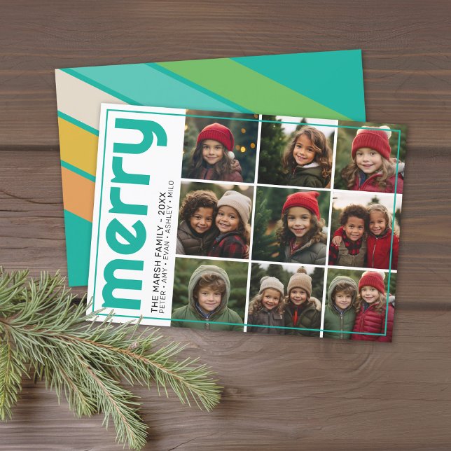 9 Photo Offset - Bold Merry Christmas Retro Stripe Holiday Card (9 Photo Modern Christmas Card - retro stripe rainbow teal background - download option available)