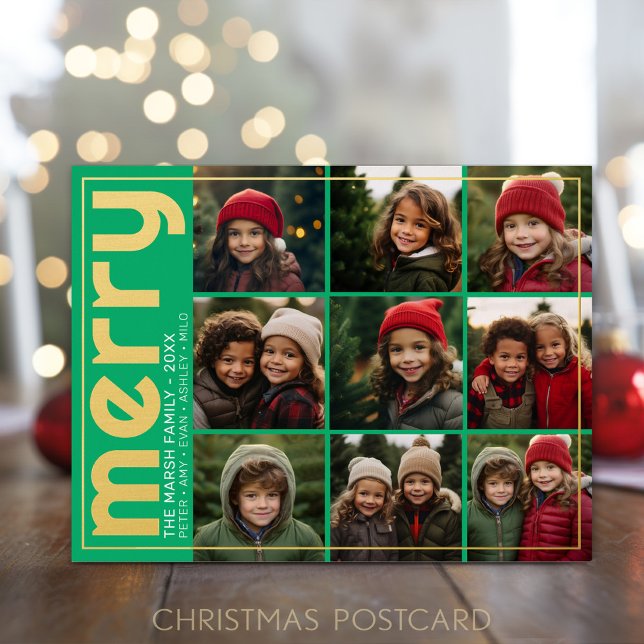 9 Photo Offset - Bold Merry - Green and Gold - Foil Holiday Postcard (Holiday Photo Postcard)