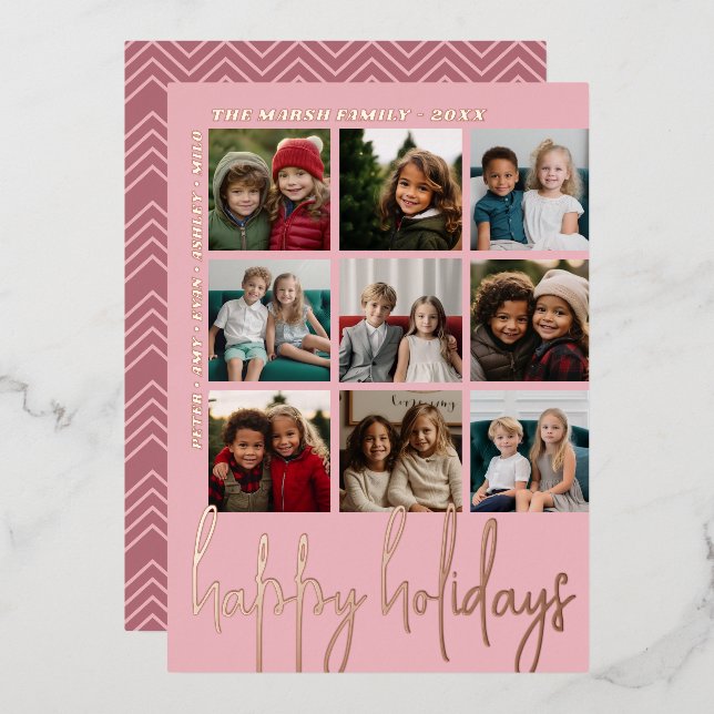9 Photo Offset - Happy Holidays Script - rose gold Foil Holiday Card (Front/Back)