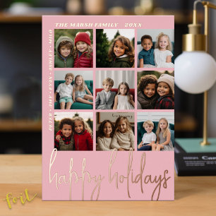 9 Photo Offset - Happy Holidays Script - rose gold Foil Holiday Card