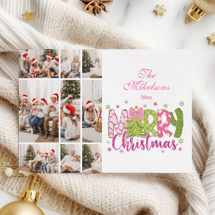 9 Photo Pink Green Bow Tree Merry Christmas Holiday Card