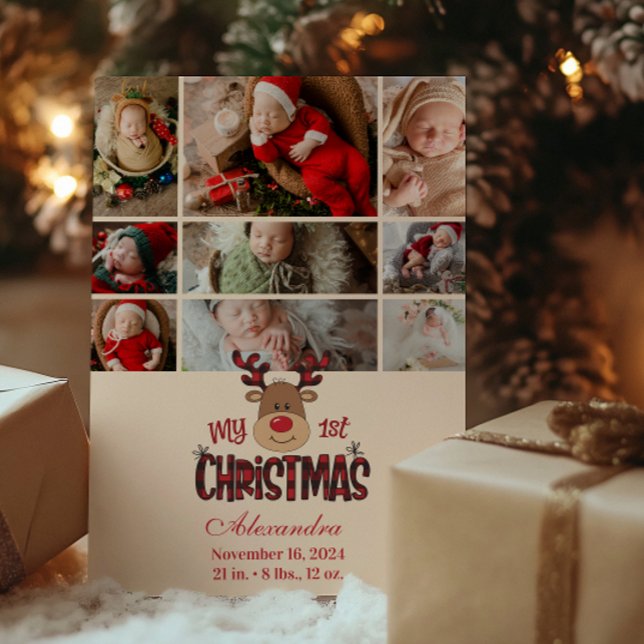 9 Photo Plaid Reindeer Baby First Christmas  Holiday Card (Creator Uploaded)