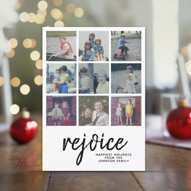 9 Photo Rejoice Minimal Design Christmas Script Holiday Card (Online Christmas Card - just add 9 photos!)