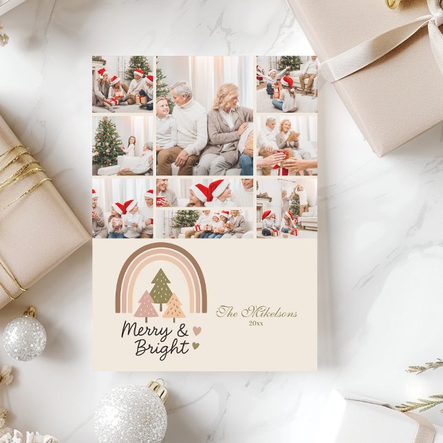 9 Photo Retro Rainbow Merry & Bright  Holiday Card (Creator Uploaded)