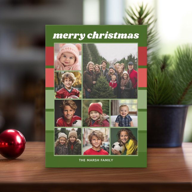 9 Photo Retro Stripes - Red Green Funky Holiday Card (9 Photo Collage with Retro Stripes - Online Christmas Card - Print and Download Options)