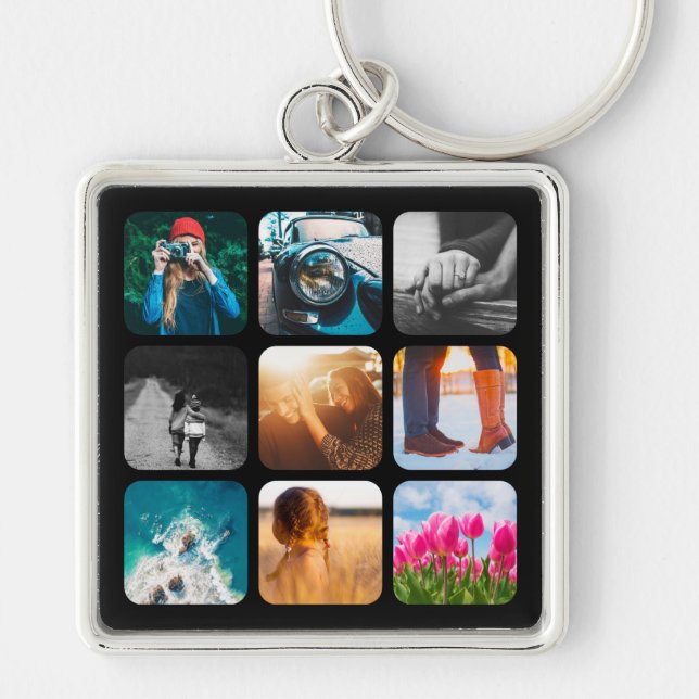 9 Photo Template Grid Rounded Black Frame Keychain (Front)