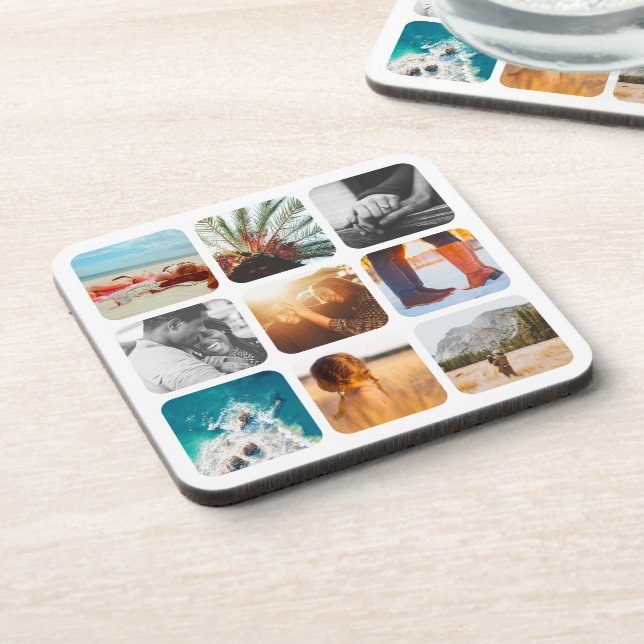 9 Photo Template Grid Rounded White Frame Coaster (Left Side)