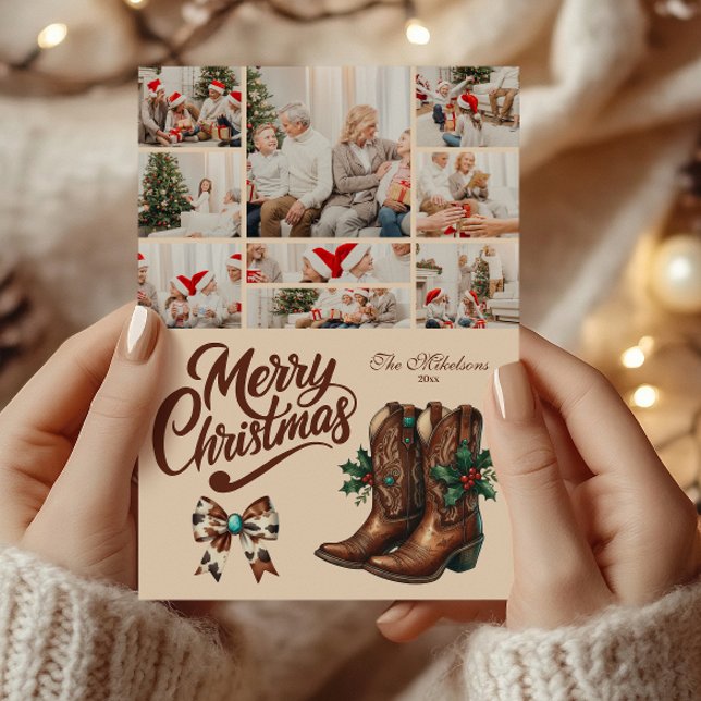 9 Photo Western Bow & Boots Christmas Holiday Card (Creator Uploaded)