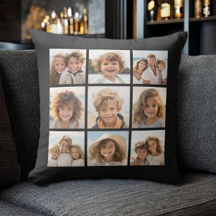 9 Photos - Minimal Grid on Black Background Throw Pillow