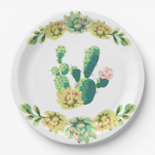 9" Round Paper Plate Bohemian Cactus Succulents De