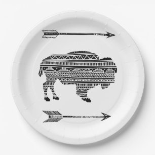 9" Round Paper Plate Boho Buffalo Tribal Pattern B