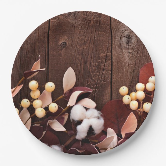 9" Round Paper Plate Cotton Branch on Dark Wood St (Front)