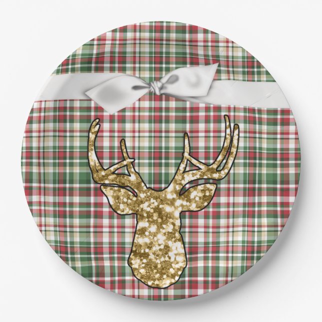 9" Round Paper Plate Gold Glitter Reindeer Plaid (Front)