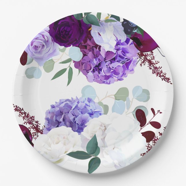 9" Round Paper Plate Lavender Hibiscus on White (Front)