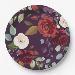9" Round Paper Plate Plum Purple Roses Gold Geomet