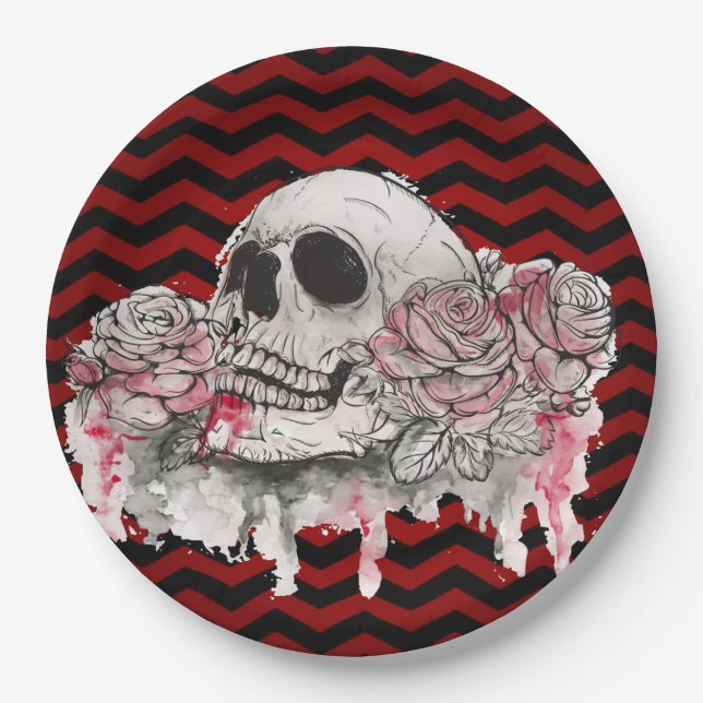 9" Round Paper Plate skull Rose goth Chevron black (Front)
