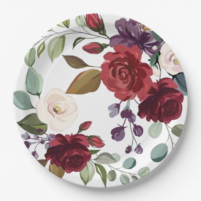 9" Round Paper Plate White Roses Gold Geometric (Front)