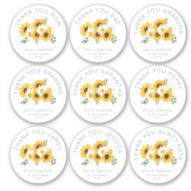 9 Small Individual Name Thanks Wedding Sunflower (Front)