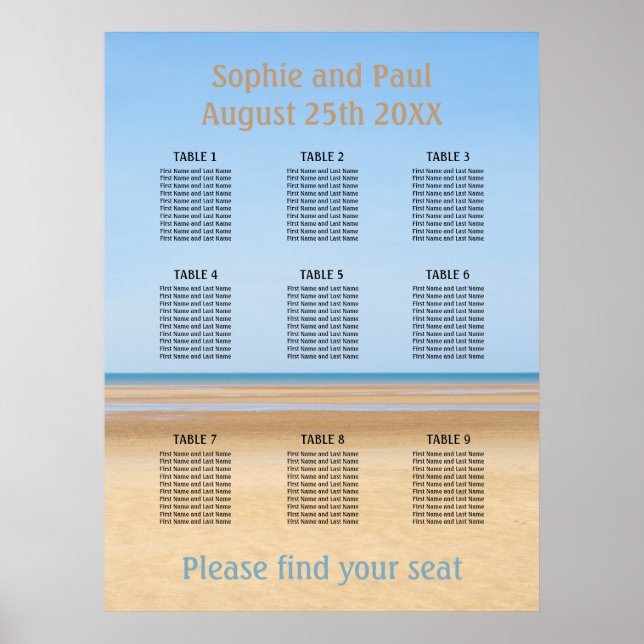 9 Table Beach Wedding Seating Chart (Front)