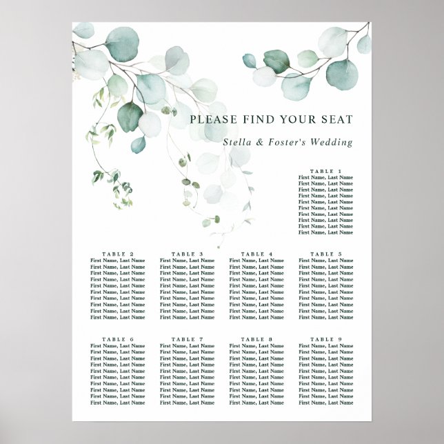 9 Table Elegant Green Foliage Seating Chart (Front)