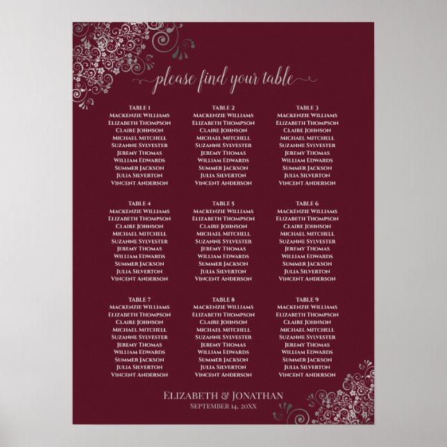 9 Table Lacy Silver Wedding Seating Chart Burgundy (Front)