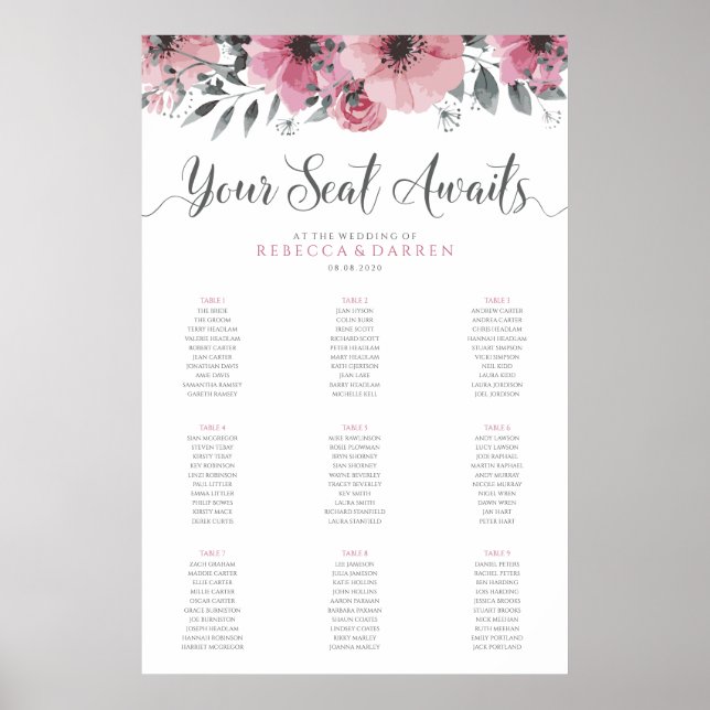 9 Table Pink Floral Wedding Seating Chart (Front)
