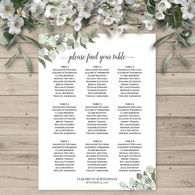 9 Table Rustic Eucalyptus Wedding Seating Chart (In Situ on Wall with Flowers)