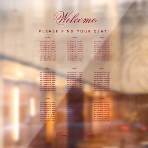 9 Table Transparent Burgundy Wedding Seating Chart Window Cling