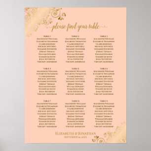 9 Table Wedding Seating Chart Coral Peach & Gold