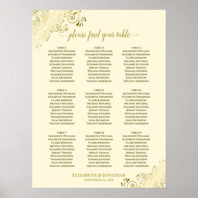 9 Table Wedding Seating Chart Cream w/ Gold Frills (Front)