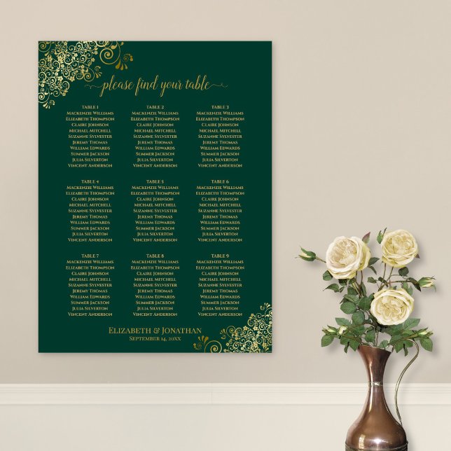 9 Table Wedding Seating Chart Emerald Green & Gold (In Situ on Wall with Flowers)