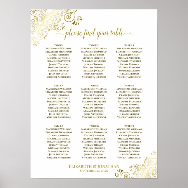 9 Tableau Mariage Plat blanc avec plaquettes or (Devant)