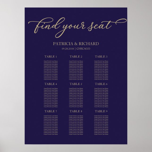 9 Tables Wedding Seating Chart Chic Gold Navy Blue (Front)