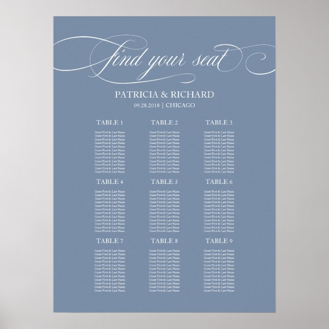 9 Tables Wedding Seating Chart Sign  Dusty Blue (Front)