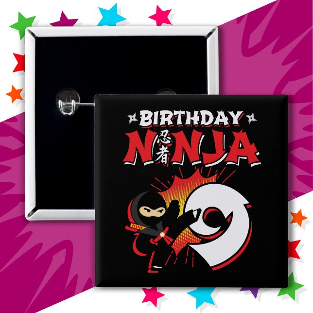 9 Year Old Comic Book Style Ninja 9th Birthday 2 Inch Square Button (Creator Uploaded)