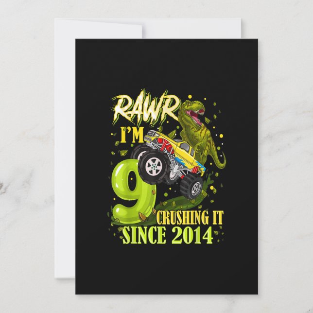 9 Year Old Dinosaur Trex Monster Truck 9th Birthda Invitation (Front)