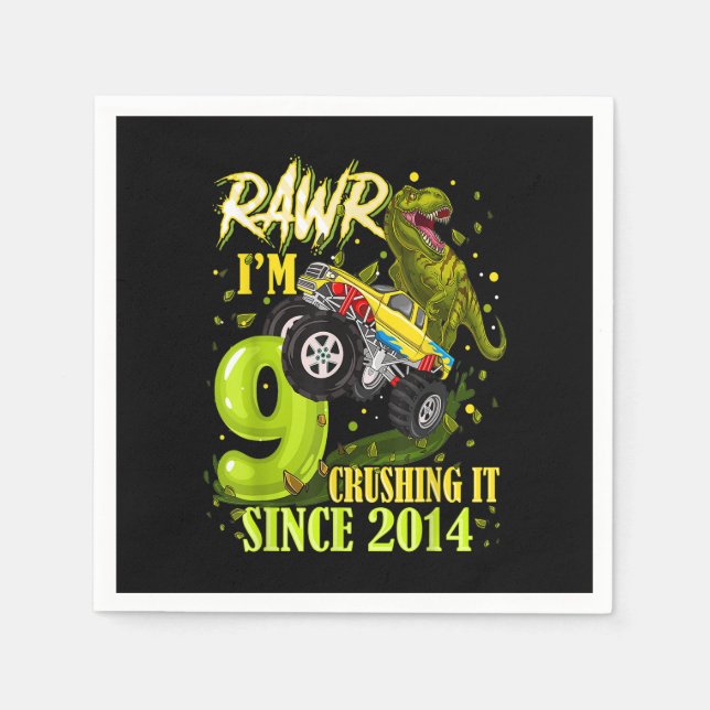 9 Year Old Dinosaur Trex Monster Truck 9th Birthda Napkin (Front)