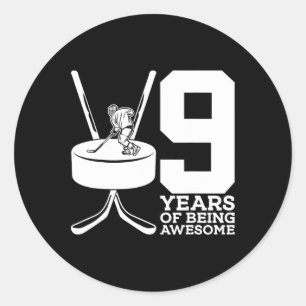 9 YEARS OF BEING AWESOME ICE HOCKEY 9TH BIRTHDAY  CLASSIC ROUND STICKER